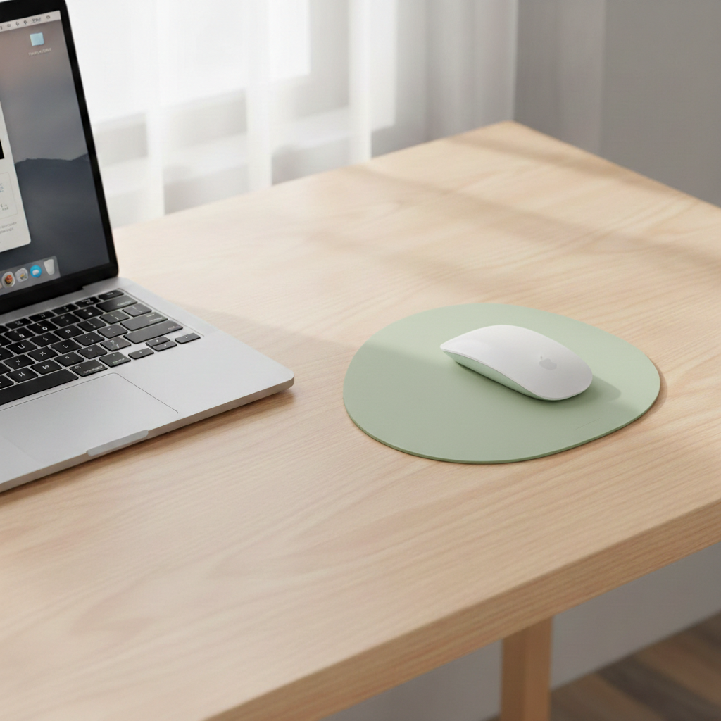 Ratón inalámbrico sobre alfombrilla de piel con forma de piedra, accesorio de escritorio ergonómico y decorativo.