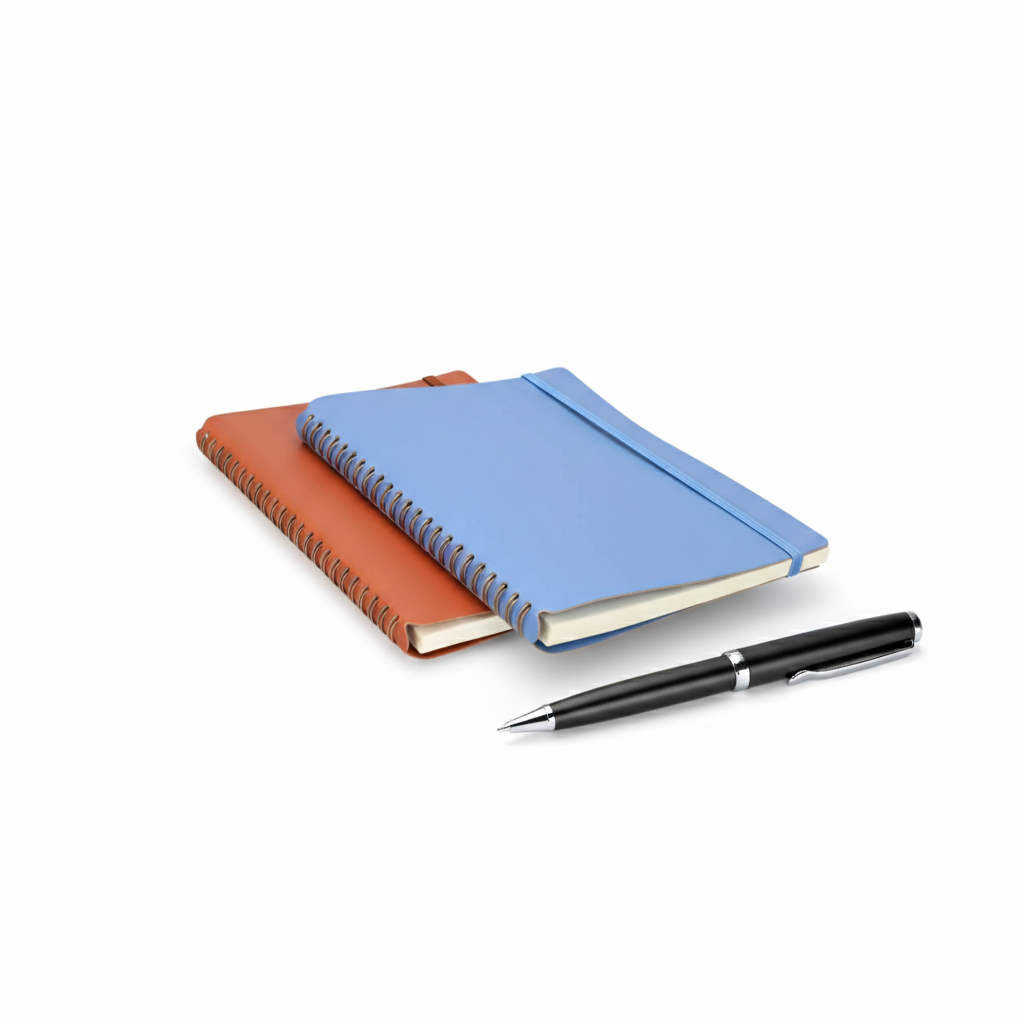 Libreta A5 de piel reciclada color azul, cuaderno de notas elegante y sostenible.