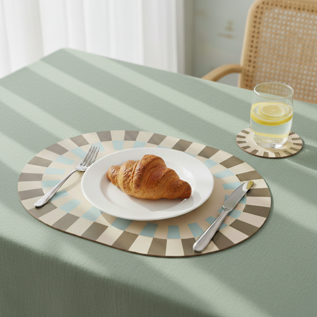 Mesa de desayuno con mantel individual ovalado Soleil, café y bollería sobre mantel de tela verda.