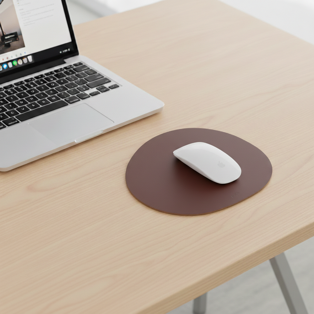 Ratón inalámbrico sobre alfombrilla de piel con forma de piedra, accesorio de escritorio ergonómico y decorativo.