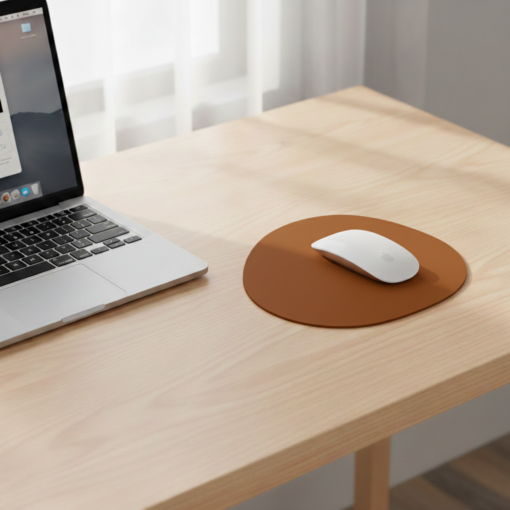 Ratón inalámbrico sobre alfombrilla de piel con forma de piedra, accesorio de escritorio ergonómico y decorativo.